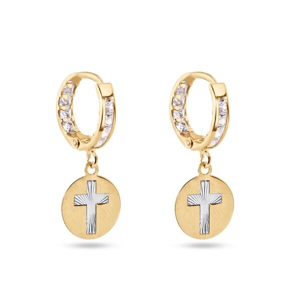 14 Karat Yellow Gold Dangling Cross Earrings 12mm Hoop...